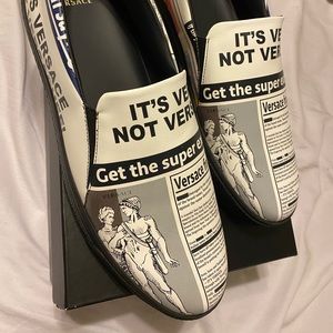 Versace leather newsprint slip on sneaker
